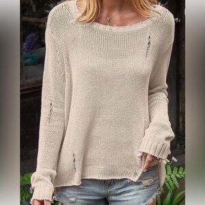 Wooden Ships Crew Sweater Pullover Distressed Boho Slouchy Oversized Beige M L